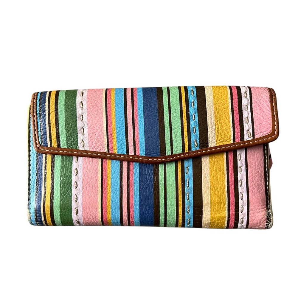 Vintage Fossil 3-Fold Wallet‎ Women's Leather Striped Retro Colorful Rainbow